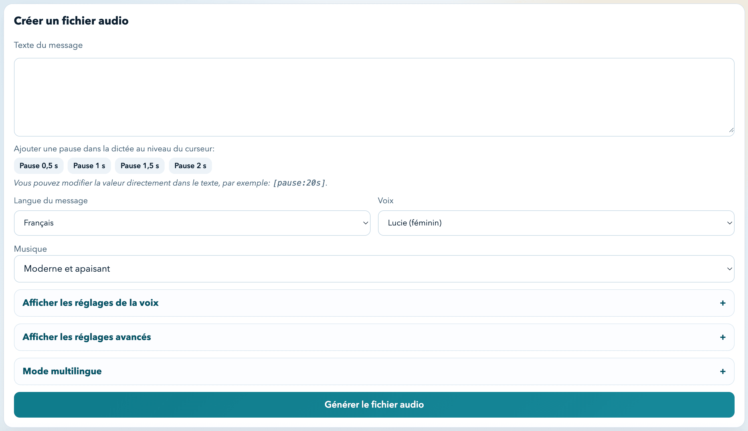 MIV STUDIO - création de fichier audio téléphonique Interface MIV STUDIO de création de fichier audio avec texte, voix, musique et réglages avancés.